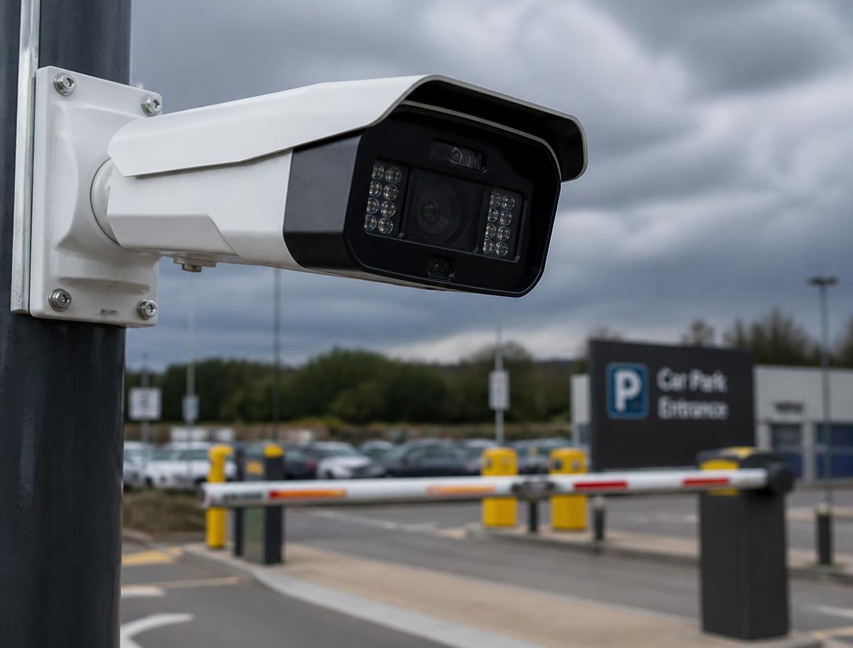 ANPR licence plate recognition camera mounted above a car park entrance